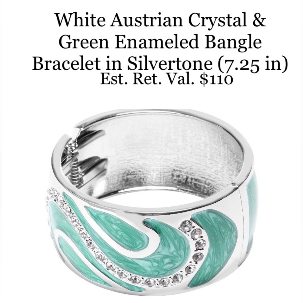 White Austrian Crystal & Green Enameled Bangle Bracelet in Silvertone (7…